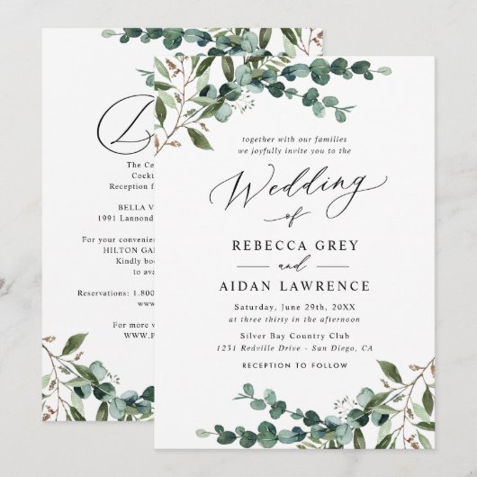 Rustic Eucalyptus Greenery All-in-One Wedding Einladung (Vorne/Hinten)