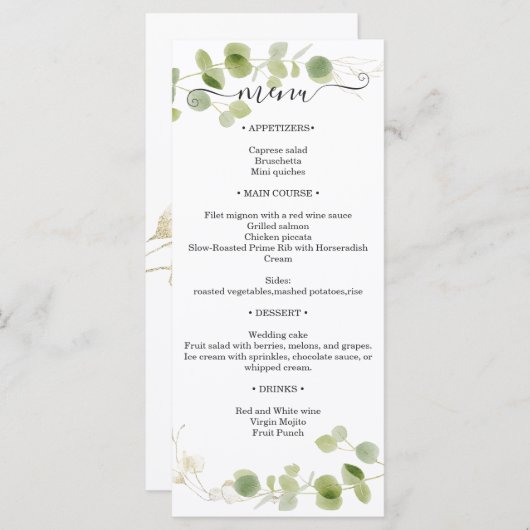 Rustic Eucalyptus Greenery Gold Wedding Reception Menükarte (Vorne/Hinten)