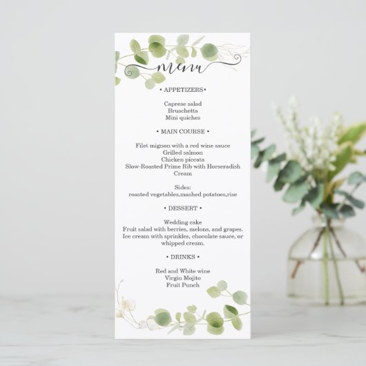 Rustic Eucalyptus Greenery Gold Wedding Reception Menükarte (Stehend Vorderseite)