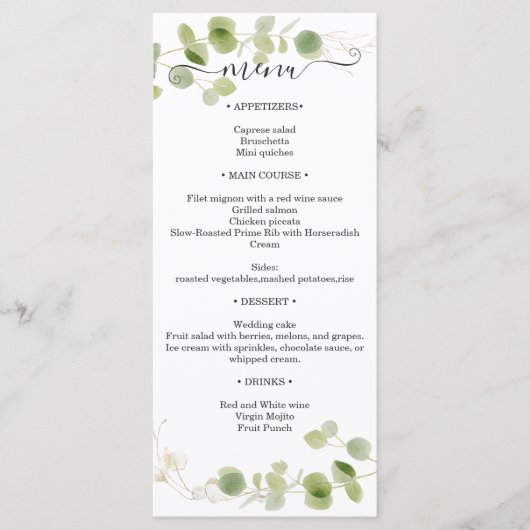 Rustic Eucalyptus Greenery Gold Wedding Reception Menükarte (Vorderseite)