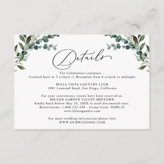 Rustic Eucalyptus Greenery Wedding Details Begleitkarte (Vorderseite)