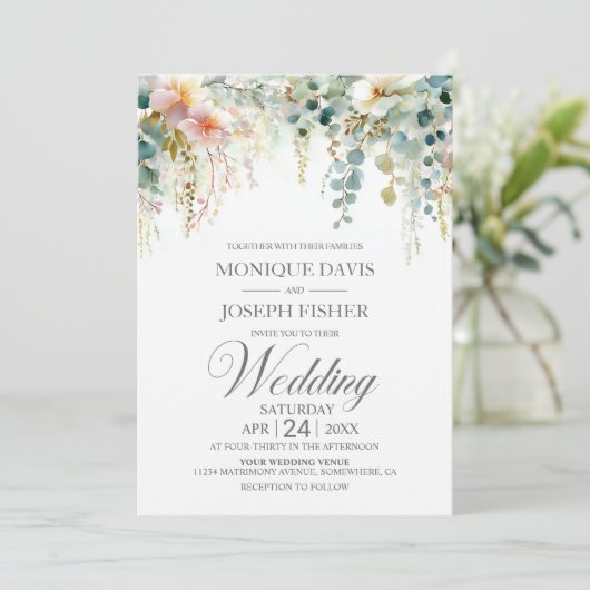 Rustic Eucalyptus Greenery Wedding Einladung (Stehend Vorderseite)