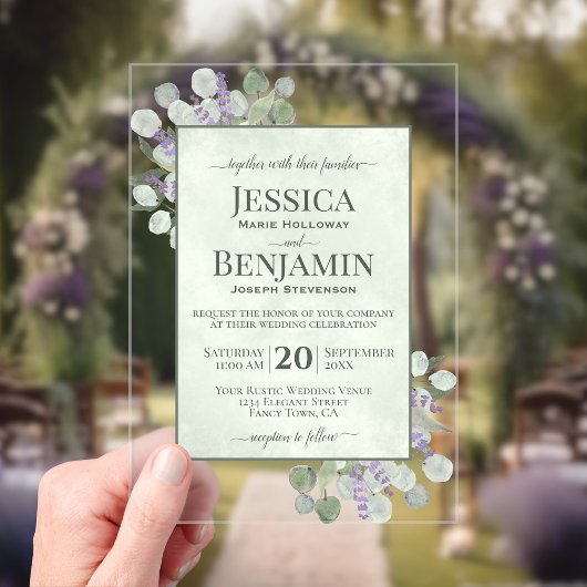 Rustic Eucalyptus & Lavender Stylish Text Wedding Acryleinladungen