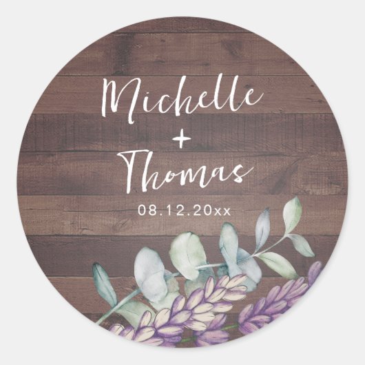 Rustic Eucalyptus & Lavender Wedding Runder Aufkleber (Vorderseite)