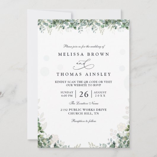 Rustic Eucalyptus Leaves Greenery QR Code Wedding Einladung (Vorderseite)