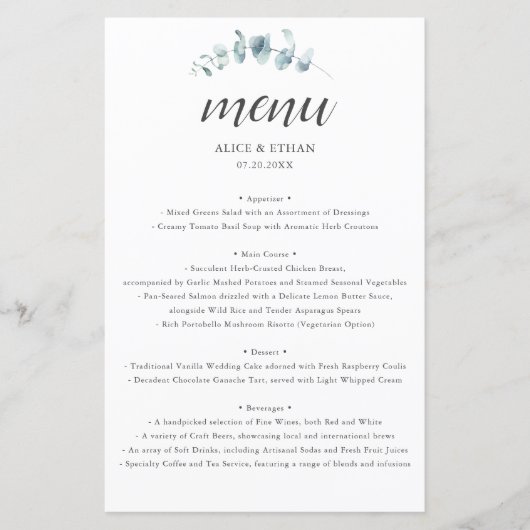 Rustic Eucalyptus Script Wedding Menu (Vorderseite)