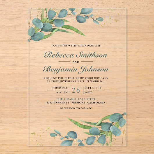 Rustic Eucalyptus Wedding Acryleinladungen (Vorderseite)