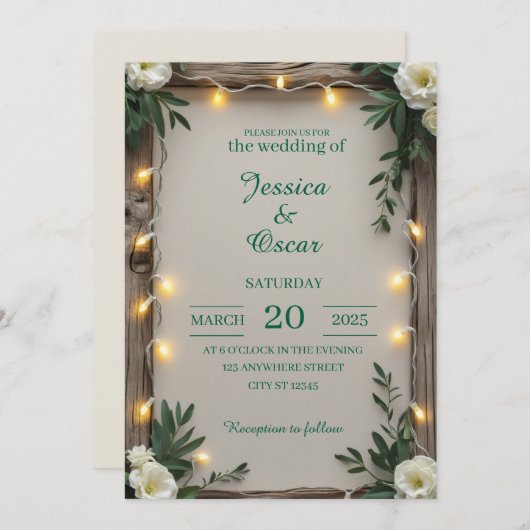 Rustic Fairy Light Wedding Einladung (Vorne/Hinten)