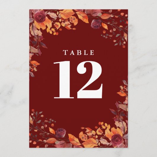 Rustic Fall Autumn Floral Burgundy Table Number Einladung (Vorderseite)