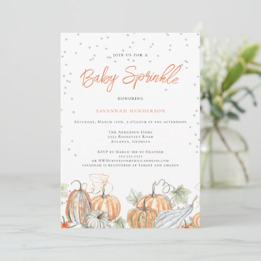 Rustic Fall Baby Dusche Sprinkle Pumpkin Einladung (Stehend Vorderseite)