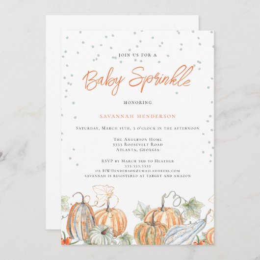 Rustic Fall Baby Dusche Sprinkle Pumpkin Einladung (Vorne/Hinten)