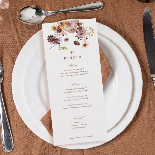 Rustic Fall Boho Floral Hochzeitsessen Menükarte