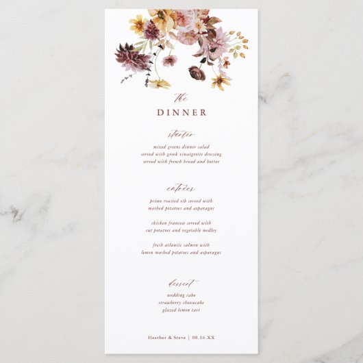 Rustic Fall Boho Floral Hochzeitsessen Menükarte (Vorderseite)
