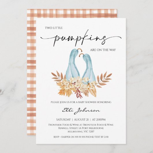 Rustic Fall Boy Twins Pumpkins Baby Dusche Einladung (Vorne/Hinten)