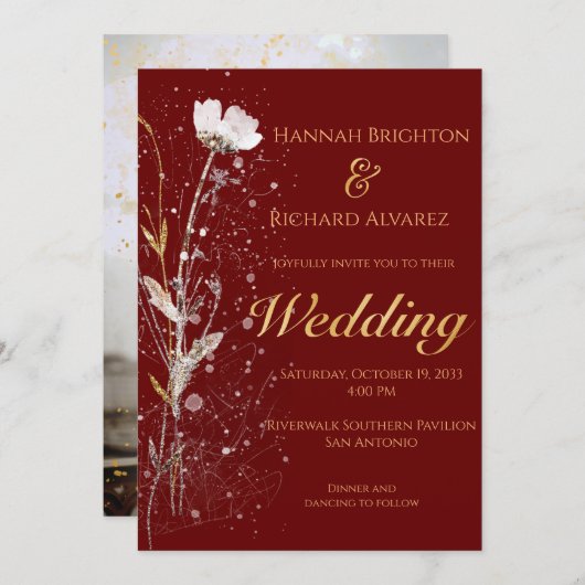 Rustic Fall Burgandy Bohemische Wildblume Hochzeit Einladung (Vorne/Hinten)