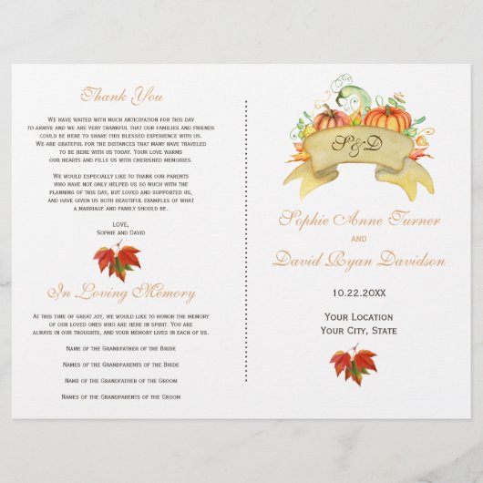 Rustic Fall Erntedank Pumpkins Hochzeitsprogramm (Vorne)