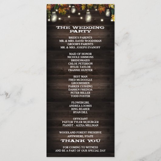Rustic Fall Firefly Mason Jar Wedding Programs Programm (Rückseite)