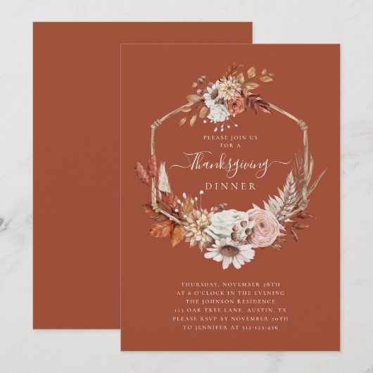 Rustic Fall Floral Blätter Erntedank Dinner Einladung (Vorne/Hinten)
