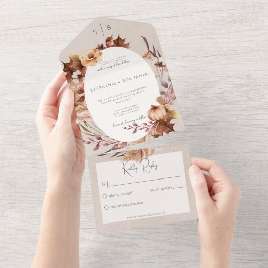 Rustic Fall Floral & Blätter Kein Abendessen All In One Einladung (Abreißen)