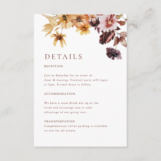 Rustic Fall Floral Boho Hochzeit Begleitkarte (Vorderseite)