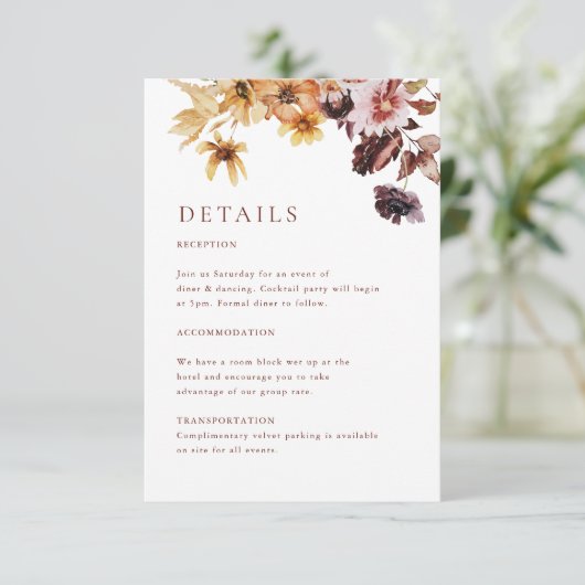 Rustic Fall Floral Boho Hochzeit Begleitkarte (Stehend Vorderseite)