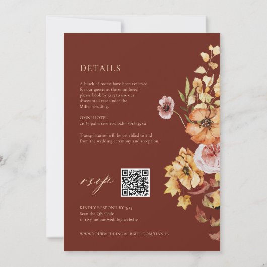 Rustic Fall Floral Boho Maroon Wedding QR Einladung (Rückseite)