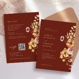 Rustic Fall Floral Boho Maroon Wedding QR Einladung