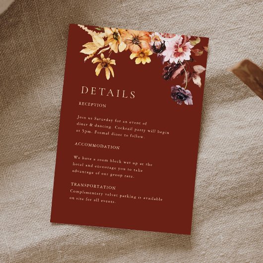Rustic Fall Floral Burgundy Wedding Details Card Begleitkarte