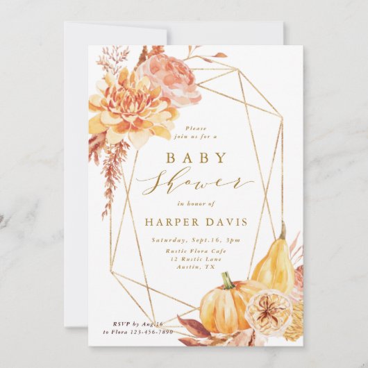 Rustic Fall Floral Gold Geometric Baby Dusche Einladung (Vorderseite)