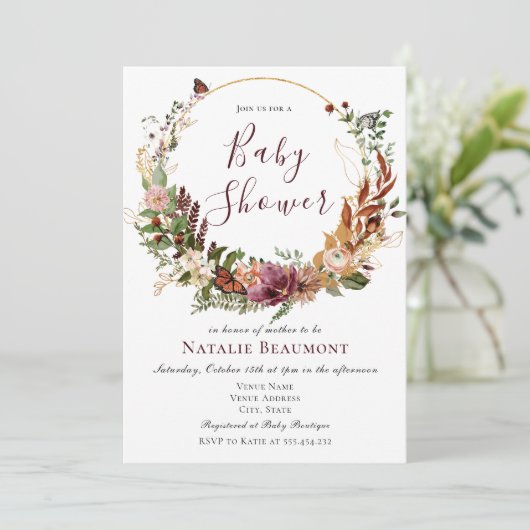 Rustic Fall Floral & Greenery Babydusche Einladung (Stehend Vorderseite)