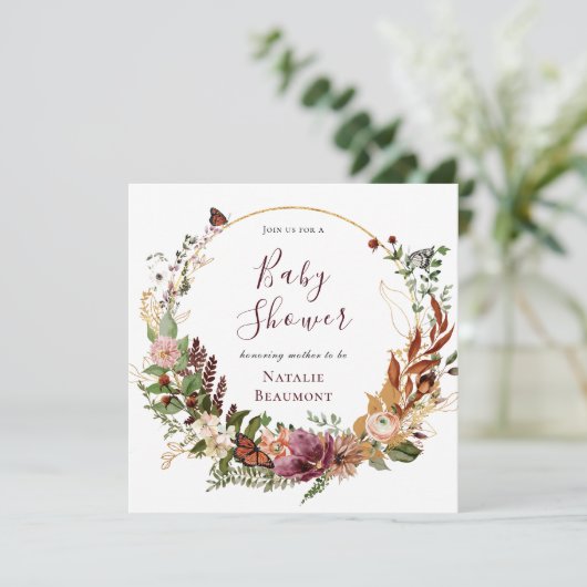 Rustic Fall Floral & Greenery Square Babydusche Einladung (Stehend Vorderseite)