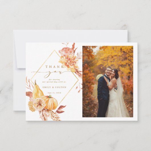Rustic Fall Floral Pumpkin Hochzeit 2 Foto Gold Dankeskarte (Vorderseite)