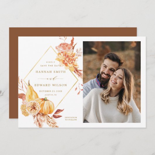 Rustic Fall Floral Pumpkin Hochzeit Foto Gold Save The Date (Vorne/Hinten)