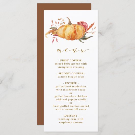 Rustic Fall Floral Pumpkin Hochzeit Gold Script Menükarte (Vorne/Hinten)