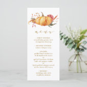 Rustic Fall Floral Pumpkin Hochzeit Gold Script Menükarte (Stehend Vorderseite)