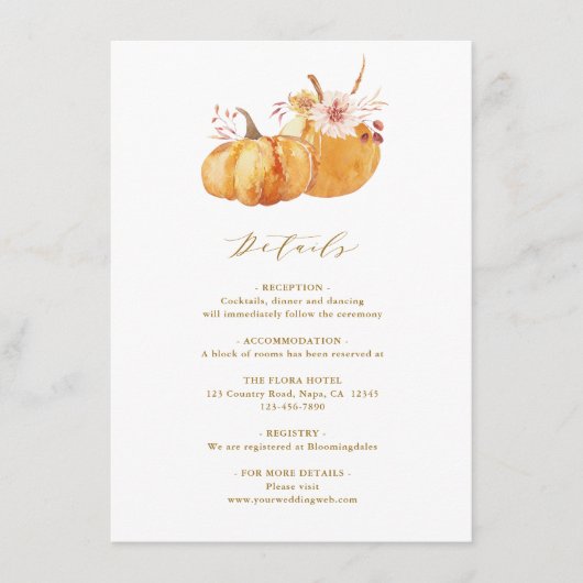 Rustic Fall Floral Pumpkin Hochzeitsdetails Gold Begleitkarte (Vorderseite)