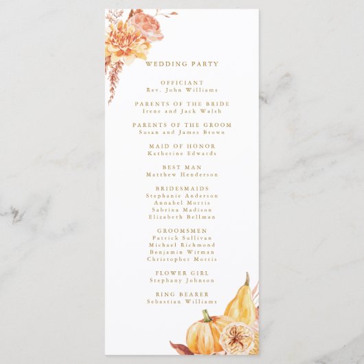 Rustic Fall Floral Pumpkin Wedding Gold Programm (Rückseite)