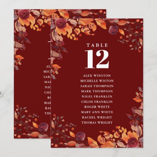 Rustic Fall Floral Table Number Seating Chart Einladung (Vorne/Hinten)