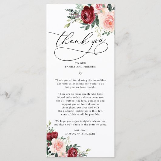 Rustic Fall Floral Wedding Danke Letter Card Menükarte (Vorderseite)