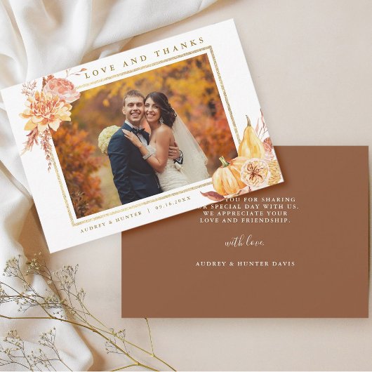 Rustic Fall Floral Wedding Gold Frame Foto Dankeskarte