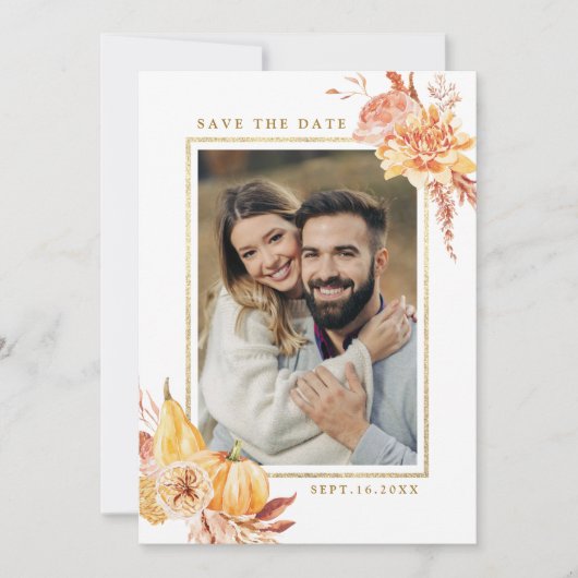 Rustic Fall Floral Wedding Gold Frame Foto Save The Date (Vorderseite)