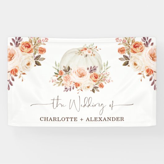 Rustic Fall Floral White Pumpkin Wedding Party Banner (Horizontal)
