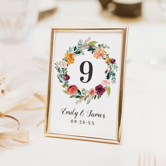 Rustic Fall Floral Wreath Wedding Monogram Tischnummer