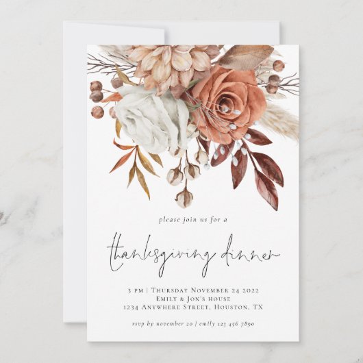 Rustic Fall Florals Terracotta Creme Erntedank Einladung (Vorderseite)