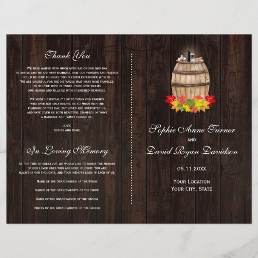 Rustic Fall Foliage Wine Barrel Hochzeitsprogramm (Vorne)