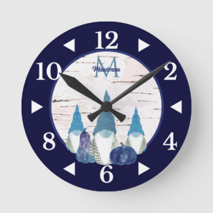 Rustic Fall  Gnome Navy n Dusty Blue pumpkin Runde Wanduhr