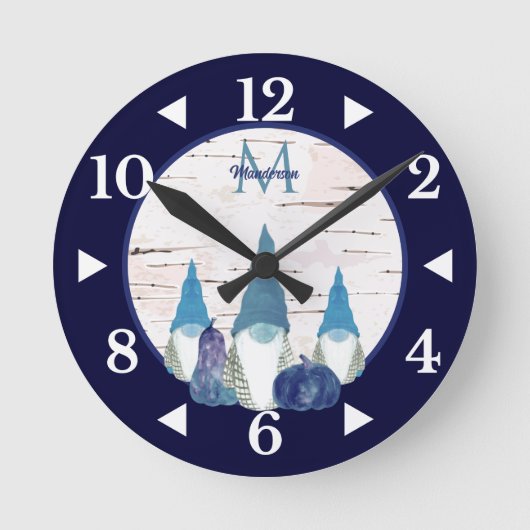 Rustic Fall  Gnome Navy n Dusty Blue pumpkin Runde Wanduhr (Vorderseite)