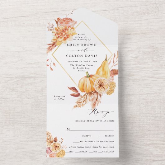 Rustic Fall Gold Floral Pumpkin Hochzeit All In One Einladung (Innen Boden)