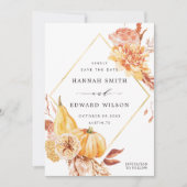 Rustic Fall Gold Floral Pumpkin Hochzeit Foto Save The Date (Vorderseite)