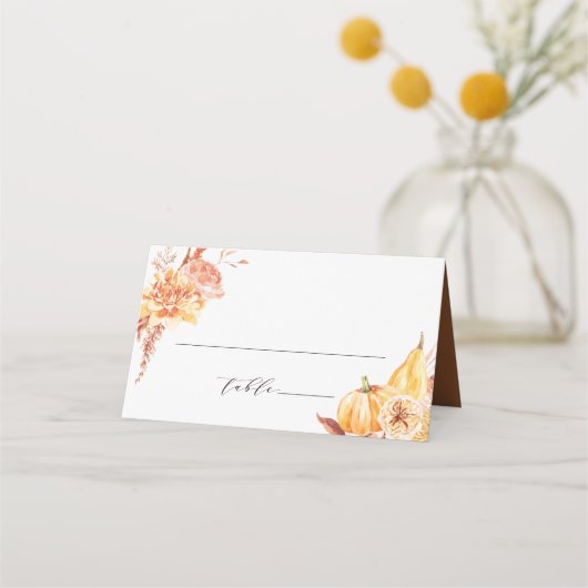 Rustic Fall Gold Floral Pumpkin Hochzeit Platzkarte (Vorderseite)